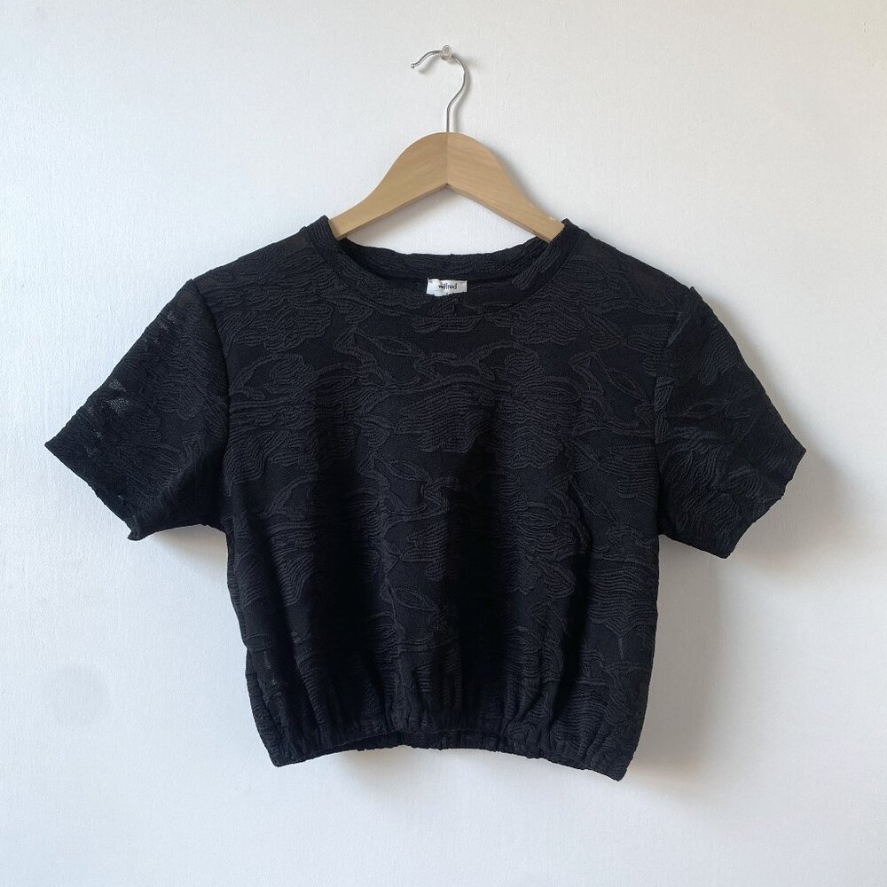 Wilfred Aritzia Sheer Cropped Black Top, Size Small, Bubble Hem